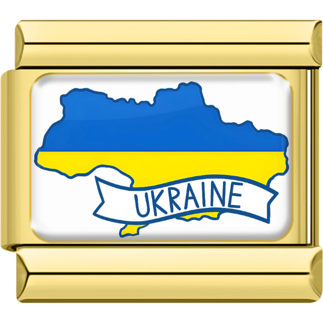 Gold-framed Italian charm featuring the map of Ukraine in blue and yellow flag colors and a white banner reading “Ukraine.”